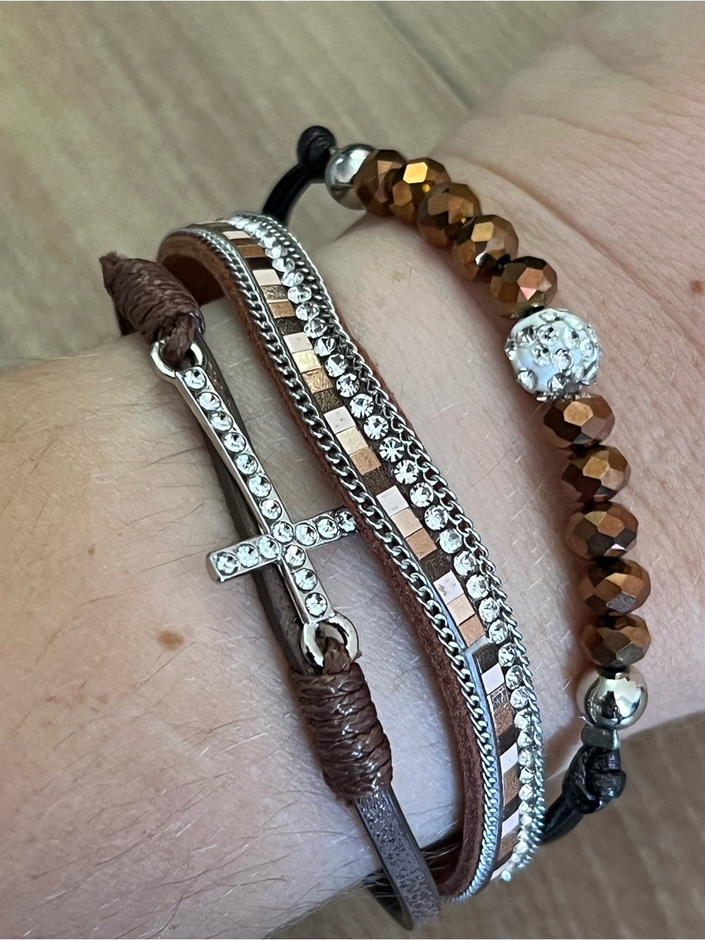 Layered Cross Rhinestone Beaded Magnetic Clasp Bracelet Brown 7”